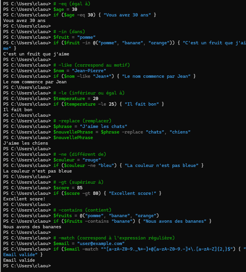 opérateur de comparaison powershell