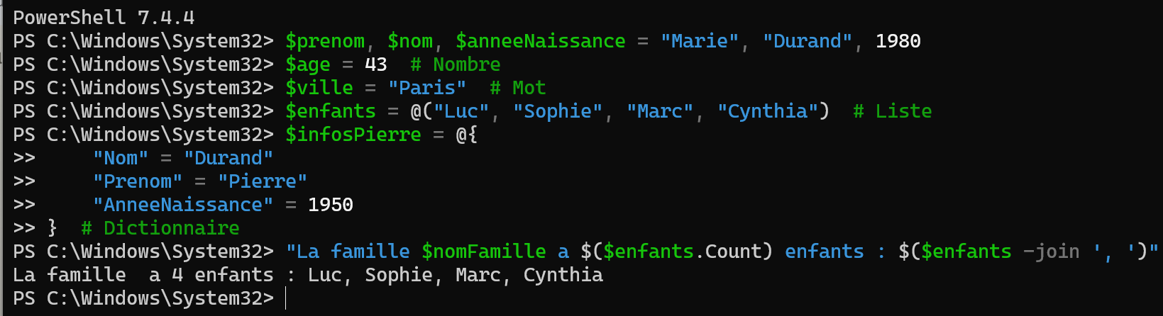 Affichage powershell des variable définit