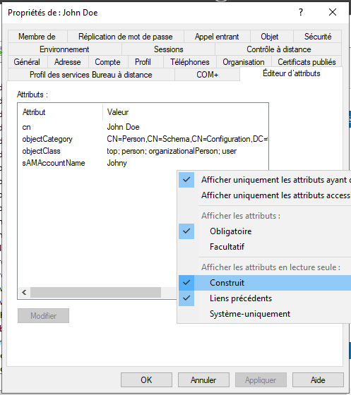Les attributs d'un objet dans l'active directory